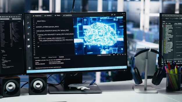 Data center computers showing neural network visualization and code debugging tools running pc
