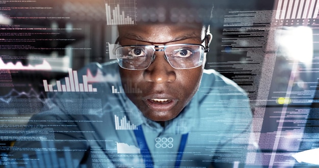 data center man and technician in server room for coding software or information technology overlay analysis and black person with portrait for cyber security troubleshooting or system recovery