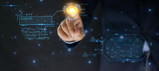 Data engineer using fingerprint technology in a server room to access data connecting with database for process with technology processor to plan business information data and security of data center