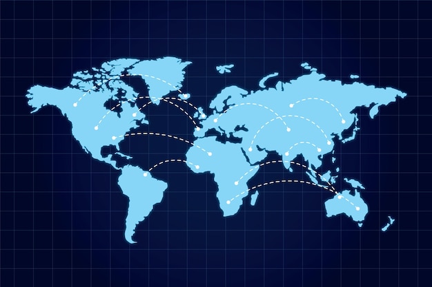 data exchange concept with blue world map and dotted lines between countries on dark squared background