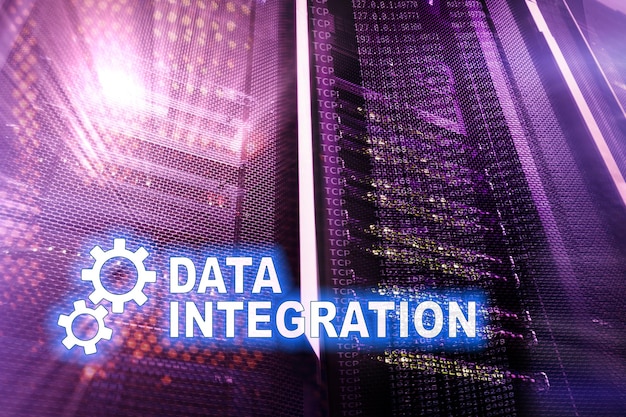 Data integration information technology concept on server room background