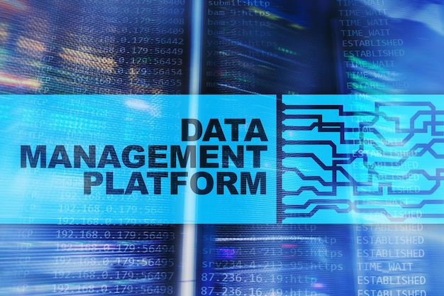 Data management and analysis platform concept on server room background