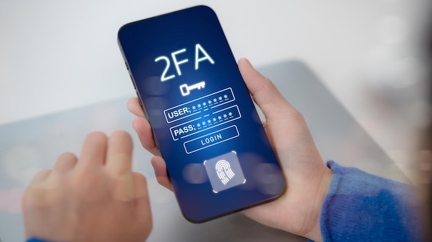 Data protection with 2FA increases security Log in with a username and password Privacy protects data and cybersecurity concepts The twofactor authentication laptop computer screen displays 2FA