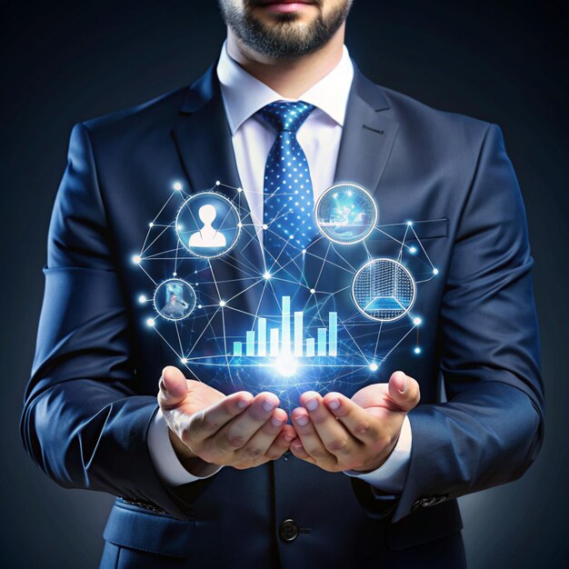 Data science analytics and algorithm of business Businessman hold data icon and strategy analysis on interface