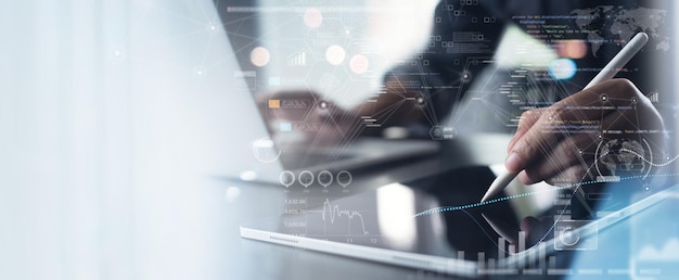 Data science software development digital technology concept Computer programmer software engineer with global internet networking and big data processing on digital tablet market research