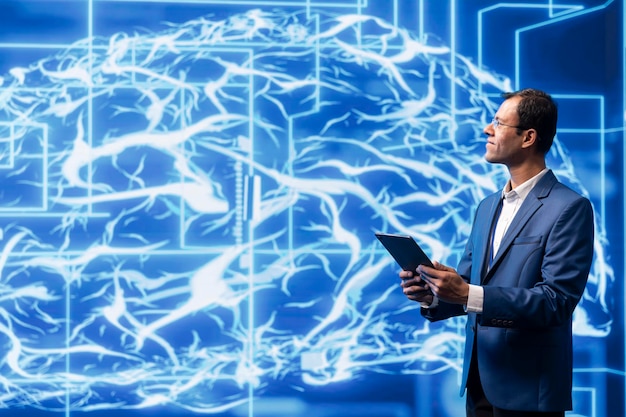 Data scientist analyzes AI brain models on tablet