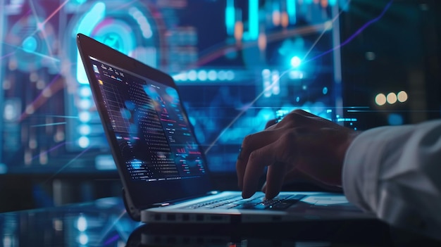 data scientist programmer using laptop analyzing financial data on futuristic virtual interface algo