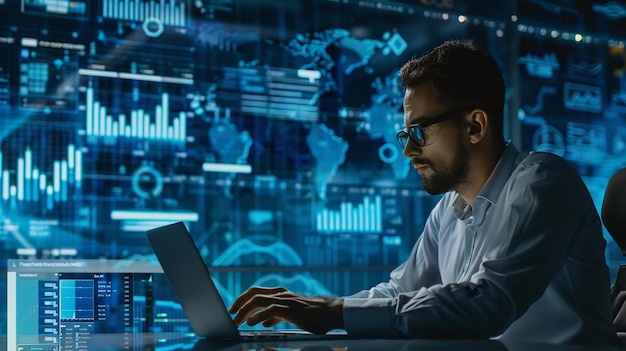Data scientist Programmer using laptop analyzing financial data on futuristic virtual interface Algo