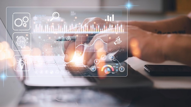 Data scientists Man programmer using laptop analyzing and development at various information on futuristic virtual interface screen Algorithm marketing and deep learning of artificial intelligence