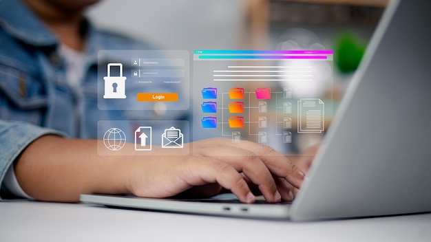 Data Security and Cloud Computing Interface Person using a laptop with a futuristic interface showing data security cloud computing and digital document management for advanced network protection