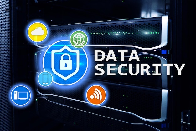 Data security cyber crime prevention Digital information protection Lock icons and server room background