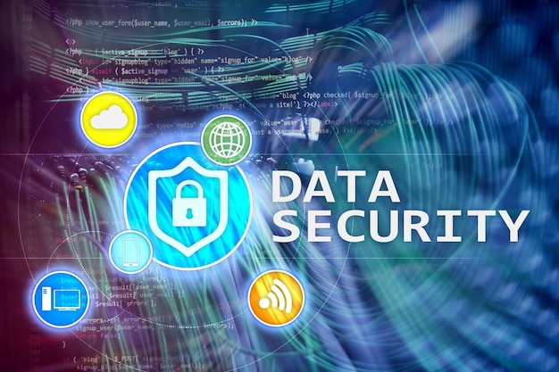 Data security cyber crime prevention Digital information protection Lock icons and server room background