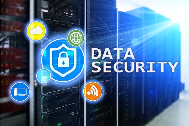 Data security cyber crime prevention Digital information protection Lock icons and server room background