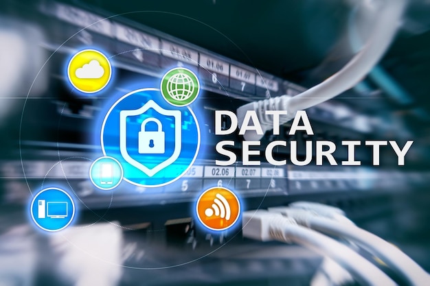 Data security cyber crime prevention Digital information protection Lock icons and server room background