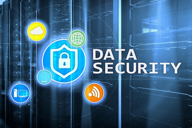 Data security cyber crime prevention Digital information protection Lock icons and server room background
