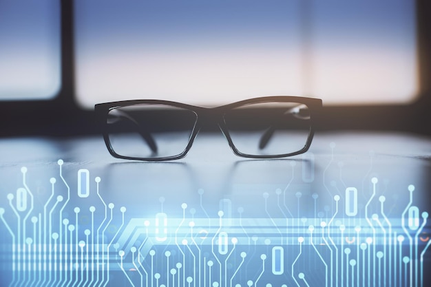 data tech hologram with glasses on the table background concept of technology double exposure