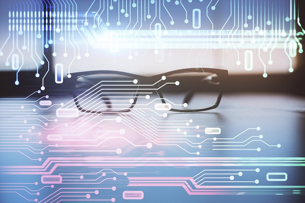data tech hologram with glasses on the table background concept of technology double exposure
