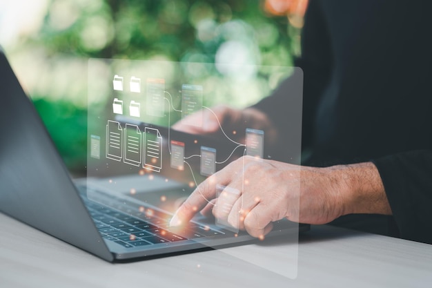 Database administrators backup company customer data concept Databases computer file document database folder cloud stored Software engineering is restoring data to servers black background