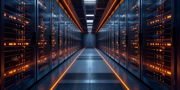 Database server with cloud storage showing rows of servers with blinking lights in a data center Concept Database Management Cloud Computing Data Center Technology Server Infrastructure