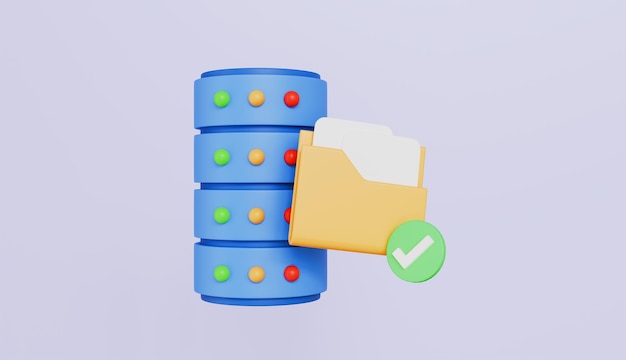 Database with document files and green check marks storing data in database information storage