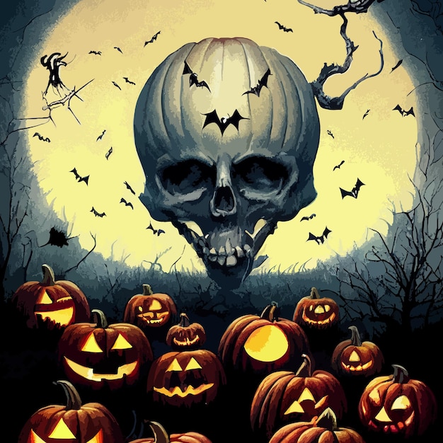 Đầu lâu trong đêm Halloween với những quả bí ngô ma quái và trăng tròn ở nghĩa trang