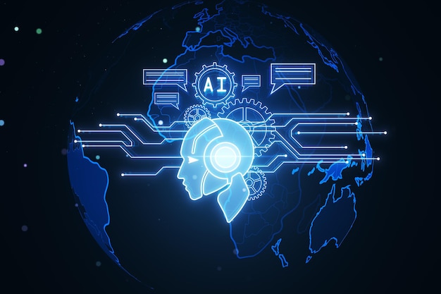 Đầu robot phát sáng trừu tượng và các biểu tượng trên hình nền mờ tối Trò chuyện GPT về máy học và khái niệm AI Kết xuất 3D