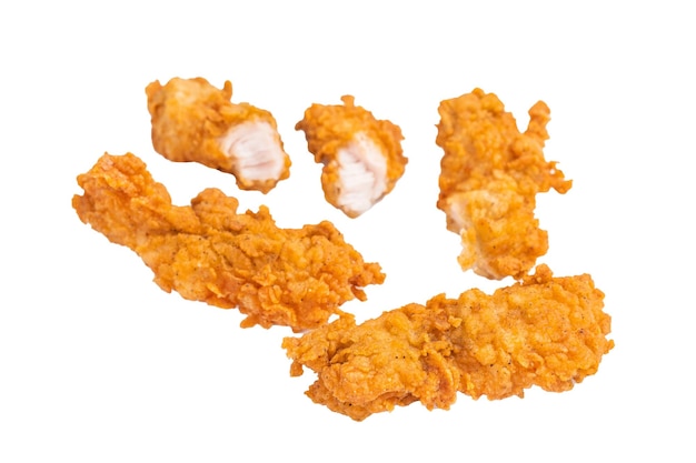 Deep fried chicken strips stick from breast fillet isolated on white background