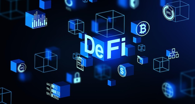 defi hologram with cryptocurrency blockchain and digital asset