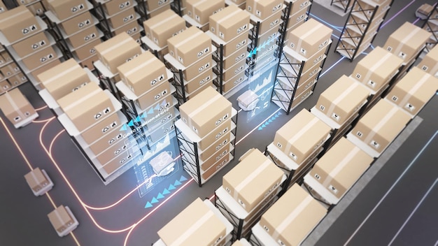 Delivery robot picks up a line of goodsusing automation in product management Connectingwarehouse and technologytop view3D rendering