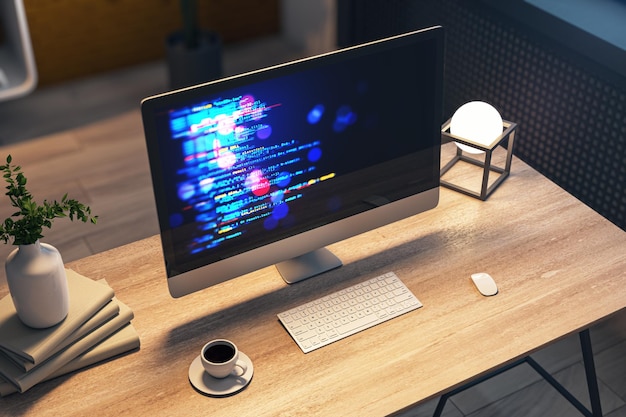 Desktop computer displaying code on a screen with a keyboard mouse and coffee cup on a wooden desk in a cozy office setting 3D Rendering
