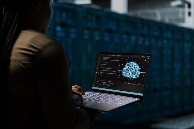 Developer uses ai neural network to do checkup on data center electronics processing datasets server