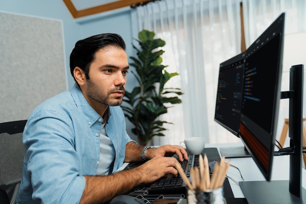 Developer working software development coding two computer code screen surmise