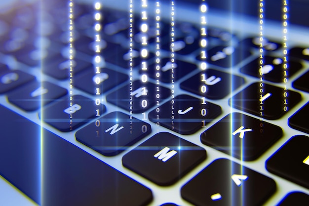 Development solutions and technology background concept with virtual glowing coding numbers on laptop keyboard backdrop 3D rendering