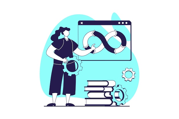 DevOps web concept with flat people for website design Woman programming and working with management and job integration practice agile workflow cycles in digital products Vector illustration