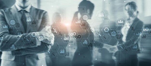 Diagrams and icons on hologram screen Background with silhouettes