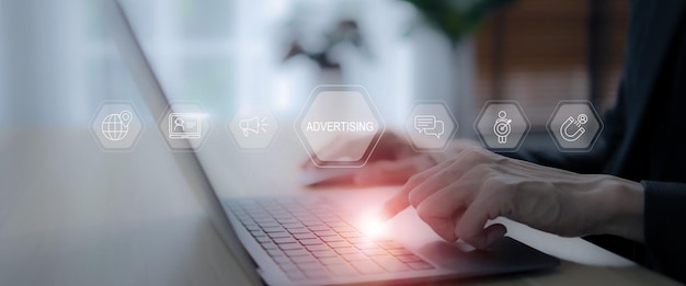 Digital advertising concept Online ads delivered through digital channels search engines social media websites and mobile apps Advanced targeting capabilities easier for track progress measure