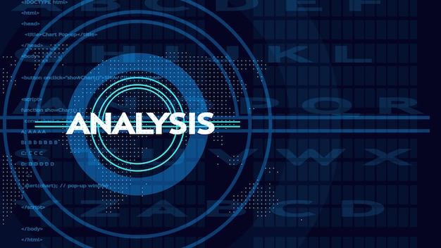 Digital analysis interface with concentric circles and code snippets technology data