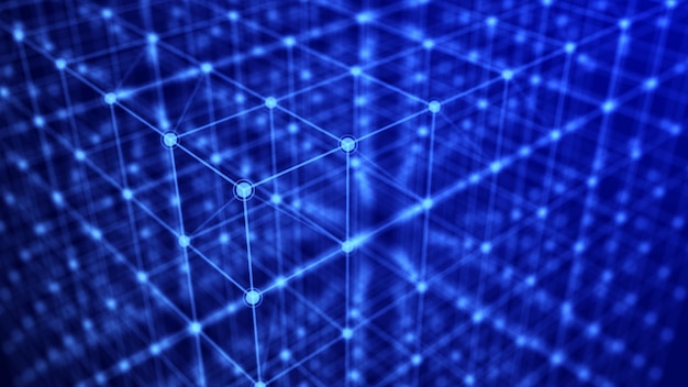 digital blockchain concept and data transfer system abstract wireframe background whith connection dots and lines storage cells of datas 3d rendering