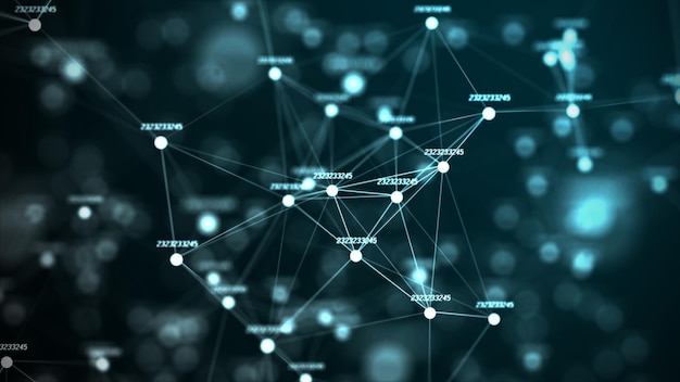 Digital blockchain concept and data transfer system Network connection structure Abstract background with moving dots and lines Futuristic illustration 3d rendering