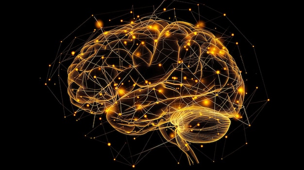 Digital brain with yellow dotted lines on dark background futuristic neural network concept