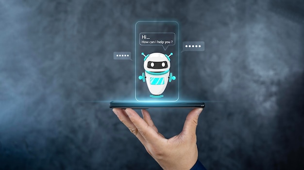 digital chatbot chat gpt robot application conversation assistant ai artificial intelligence concept man using mobile smart phone
