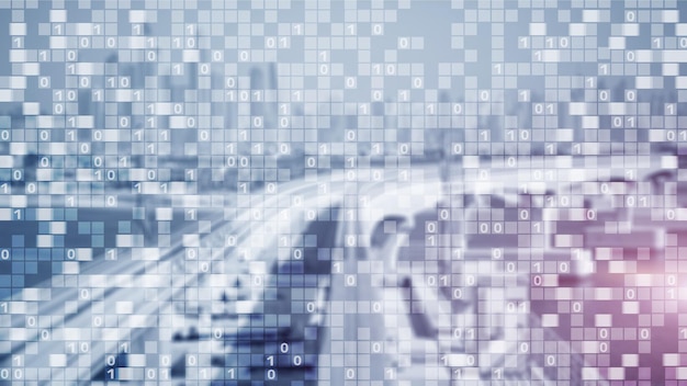 Digital code on blur city background Abstract Binary code