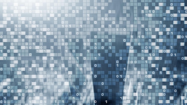 Digital code on blur city background Abstract Binary code