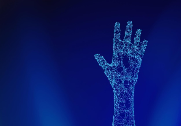 Digital composite image of artificial hand over blue background