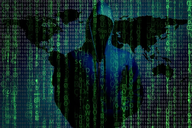 Digital composite image of hacker with binary codes
