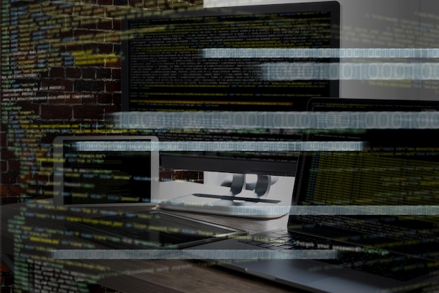 Digital composite image of laptop in city