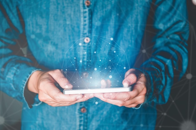 digital composite image of woman using phone with connect the dots symbol