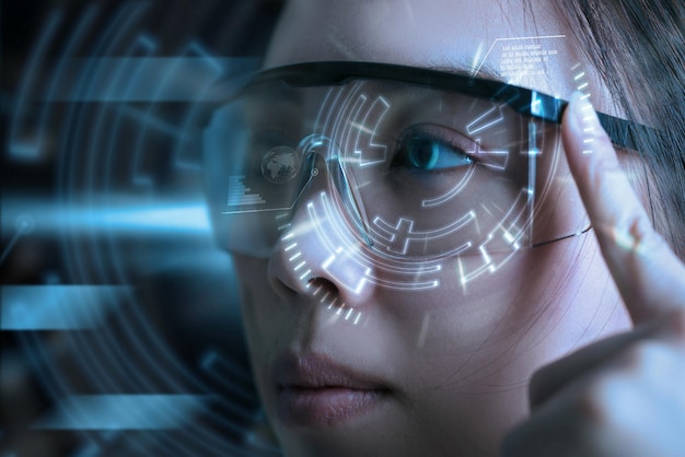 Digital composite image of woman wearing eyeglasses
