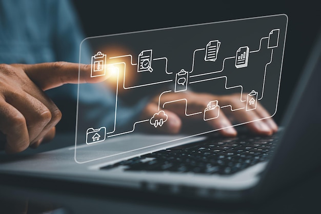 digital concept businesswoman pointing to modern screen with document management system dms interface efficient file archiving and information management using automation internet connectivity