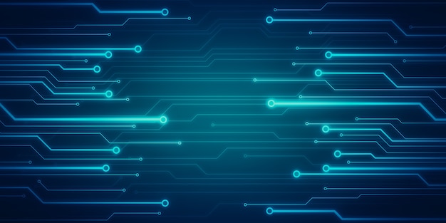 Digital concept image with glowing circuit microchip on blue wall. Cpu.
